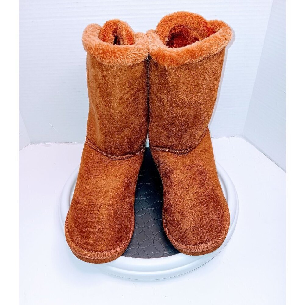 Womens Brown Faux Suede & Fur Lined Boots With Bow Detail